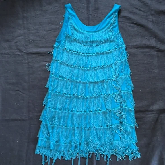 H&M teal Blue Fringe Dress Flapper Great Costume Large - Picture 1 of 8